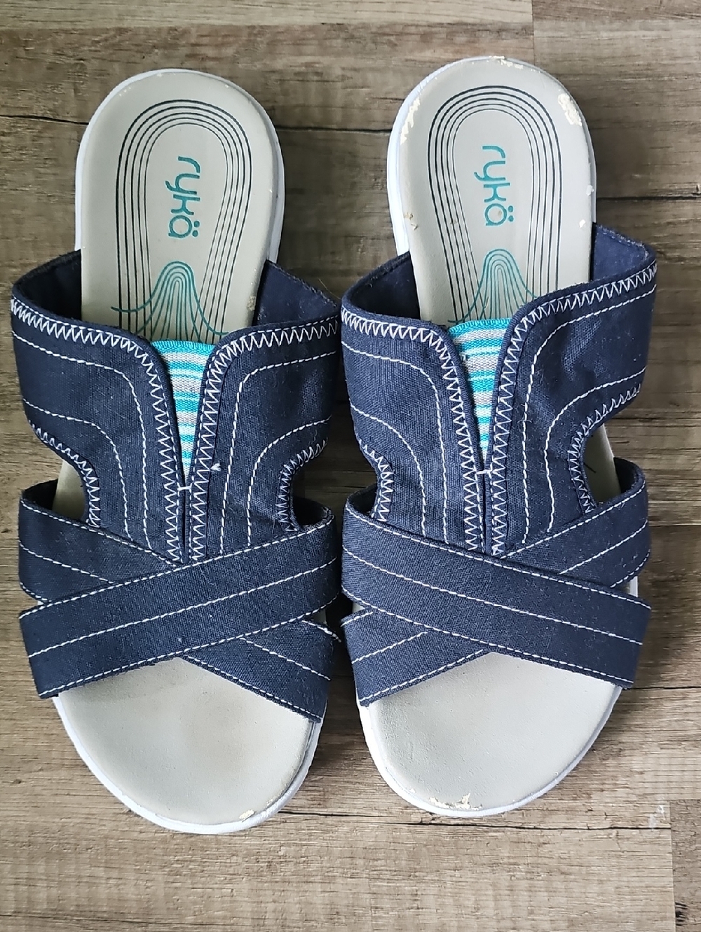 Ryka Navy and Teal Cross-Strap Slide Sandals Size 8